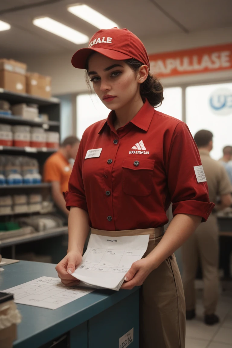 ((NSFW)), 1 women, ((red shirt)), ((navy blue pants:1)), embrace, red belt, posting, view from behind, wearing a black mask, shirt logo, perfect body, blue cap, ice_cream_girl_v2, sneaker, nice butt, blur background, portrait, <lora:ice_cream_girl_v2:1>