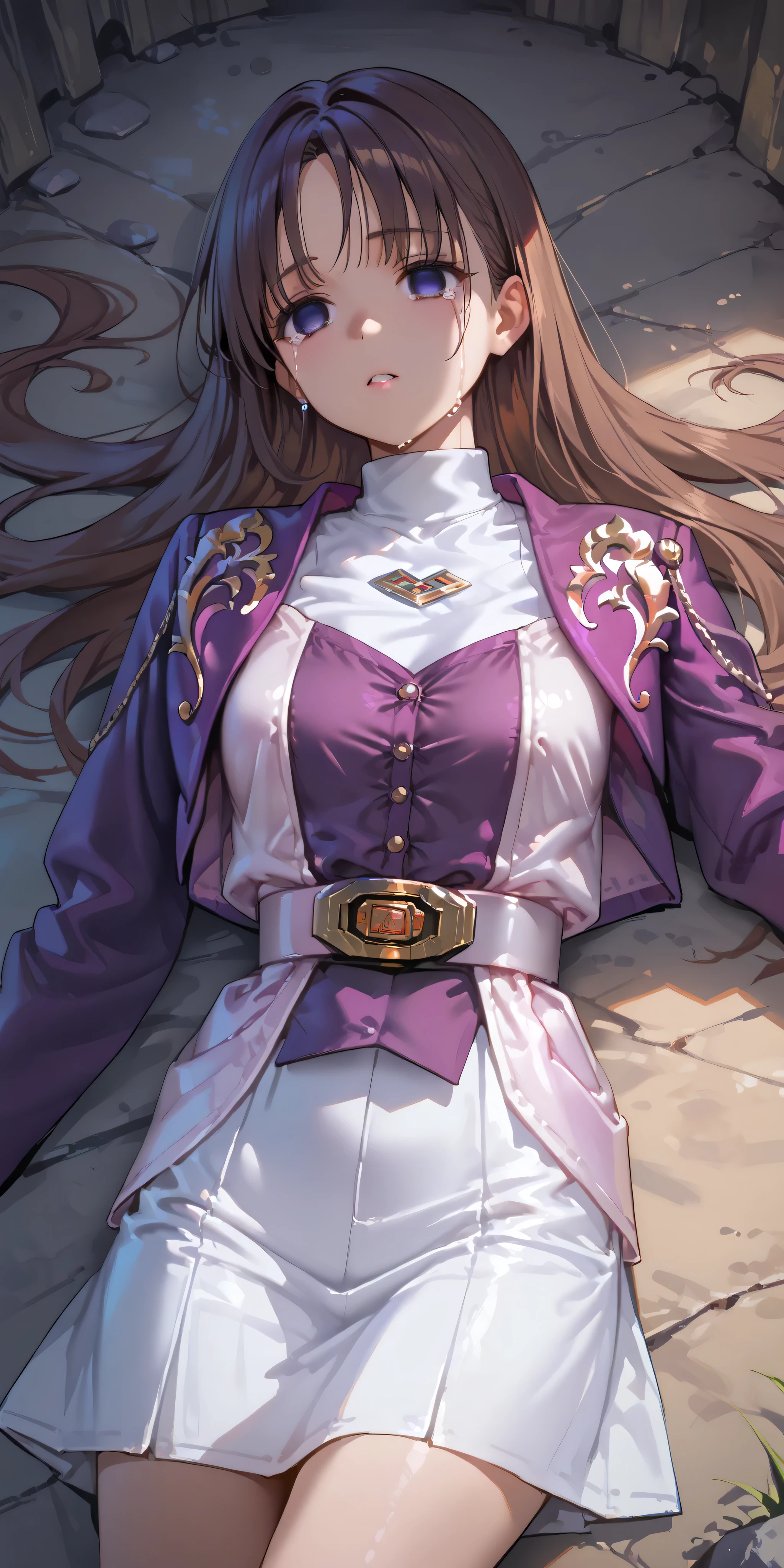 (高精細CG), (Highest Quality), IN THE CAVE,1 girl, perfect face, wide waist, Slim waist, ,purple bolero jacket,white skirt,long sleeve, Pink Belt, straight and long hair , brown hair, ((( empty eyes ))),crying,is opening my mouth,lying on the ground on your back,
