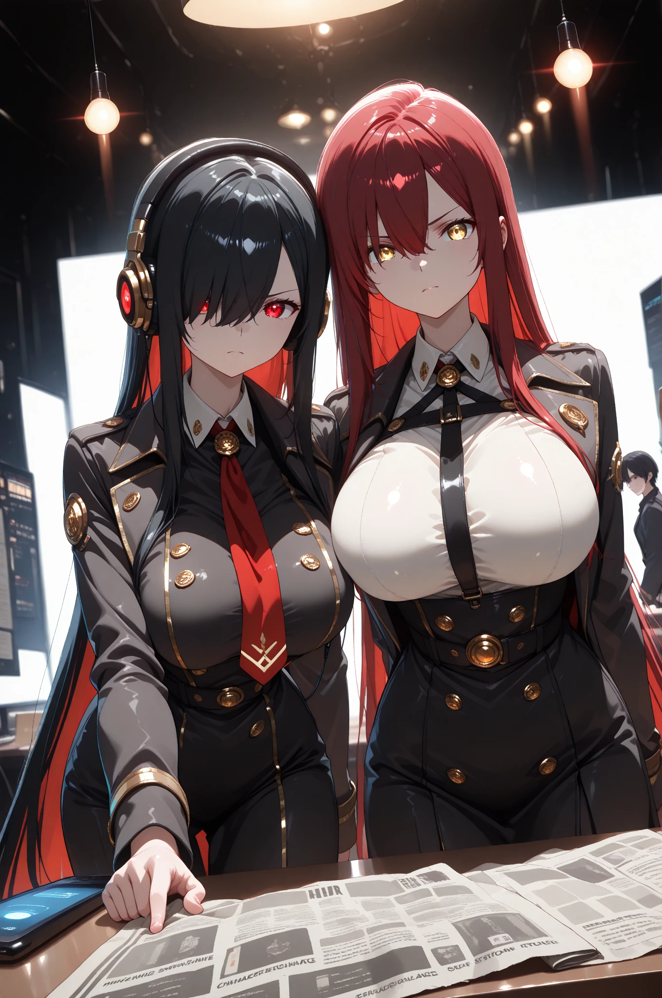 (8k,Super details,best masterpiece,nature,perfect work of art,perfect female figure),two women,sister and sister,sisters,Rainbow hair,perfect face,(huge),Neighbor's Wife,woman hairstyle,elegant wife,mature and exposed,20 years old,fair skin,messy hair,Perfect sexy body,Wear a fitted and sexy tunic dress,Strapless strapless short dress,Hot and sexy secretary,wear glasses,Standing in a spacious conference room,Papers scattered on the ground,Detail background,necklace,perfect eyes,, T-shaped small size,huge的山雀