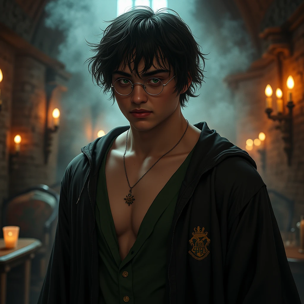 (photorealism:1.2), harry potter shirtless showing armpits