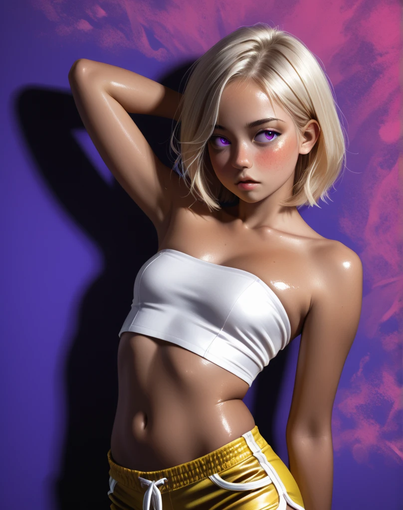 there is a digital painting of a woman in a bikini, gilded outfit, elegant gold skin, golden skin, white curly hair, gold skin, fashion gameplay screenshot, leeloo outfit, realistic bikini, shiny golden bikini, smooth gold skin, elegant, inspired by Esaias Boursse, white gold skin, glistening body, in style of digital painting, golden aura