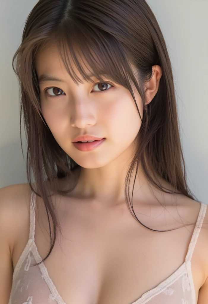 (((Like the picture、Focus on the eyes:1.1、Extremely detailed:1.22、Ultra-high resolution、masterpiece:1.45、Highest quality)))、((((Whole body expression:1.68、camisole、Leaning forward、One person))))、long, straight black hair、So that every single hair is clearly visible、The subtle color changes of hair depending on how the light hits it、 Skin has a natural glow、Fine skin texture、Representing the fine details of pores:1.25、Details of the light redness on the forehead and cheeks、(((Eyes with fine iris details、The eyes depict color gradations and patterns.、Long, natural-looking eyelashes, each and every one visible、Well-groomed eyebrows、眉毛のindivual々The hair is clearly visible、Light reflecting off into the eye、The light in the eyes creates small highlights)))、The nose is delicate、Fine detail on the nostrils、Lips are plump and naturally pink、Depicts the fine lines and soft curves of the lips、lips are shiny and、The gloss on your lips accentuates their shape.、(((Detailed depiction of lip texture、Particular attention to the depiction of light and shadow、Soft natural light gently illuminates the face from the front、A faint glow on the forehead、A slight shine on the nose、A slight glow on the cheeks、Shadows are cast softly along the contours of the face、Accentuate the sides of your cheekbones、Accentuate the sides of the jawline、Emphasize the sides of the nose、The gloss on her lips reflects the light faintly、Lips emphasize the plump texture、The shadow of the hair gives depth and dimension、indivual々The hair shines in the light、