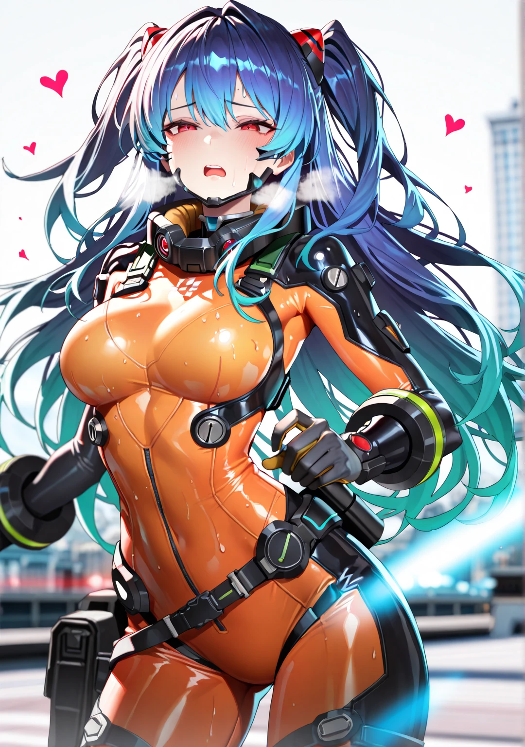 best quality,4k,8k, highres, masterpiece:1.2), extremely detailed eyes, extremely detailed body, (large masterpiece digital art), (detailed manga illustration), (detailed line art), ((perfect anatomy)), (intricate details:1.3), (ultra-detailed:1.3), (illustration:1.3), (sharp focus:1.3), (natural lighting:1.05), (vivid colors:1.3), (masterpiece), (best quality:1.4), (perfect anatomy:1.4), high quality, expressive eyes, full body, tall girl, detailed face, beautiful face, perfect face, breasts, gloves, large breasts, cyberpunk, (black armor), short hair, ((pale skin)), messy hair, detailed ((dark blue hair)), (honeydew hair), multicolored hair, two-toned hair, detailed eyes, (amber eyes), hourglass physique, mecha musume, fortified suit, mechanical parts, headgear, robot joints, bodysuit, deva battle suit, gloves, thick thighs, toned, emblem, superhero, dynamic lighting, 4k resolution, dynamic pose, weapon, energy weapon portrait, Jeff Bridges, ((cartoon style)), Marvel Cinematic Universe style, (((sci-fi city on the water in the background))), soft bokeh of futuristic city, Atey Ghailan, Jeremy Mann, Greg Manchess, Antonio Moro, trend in ArtStation, trend in CGSociety, Intricate, High Detail, Sharp focus, dramatic and photorealistic painting art by Midjourney and Greg Rutkowski, bokeh in the background