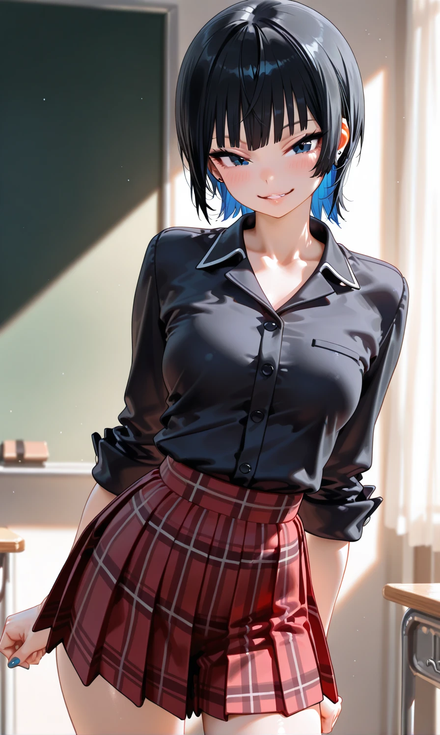 (anime style),masterpiece, best quality, extremely detailed,8Years old,tanned skin,dark skin, Beautiful body,small breasts,BREAK,multicolored colorful black hair,short hair,hair slicked back,BREAK,black eyes,black choker,dignified face,disgust,sensual face,open mouth,detailed lips,,BREAK,with vertical stripes sweater,Christian school costume,See-through,micro skirt,break,head tilt,in the Christian school Night,cleavage,