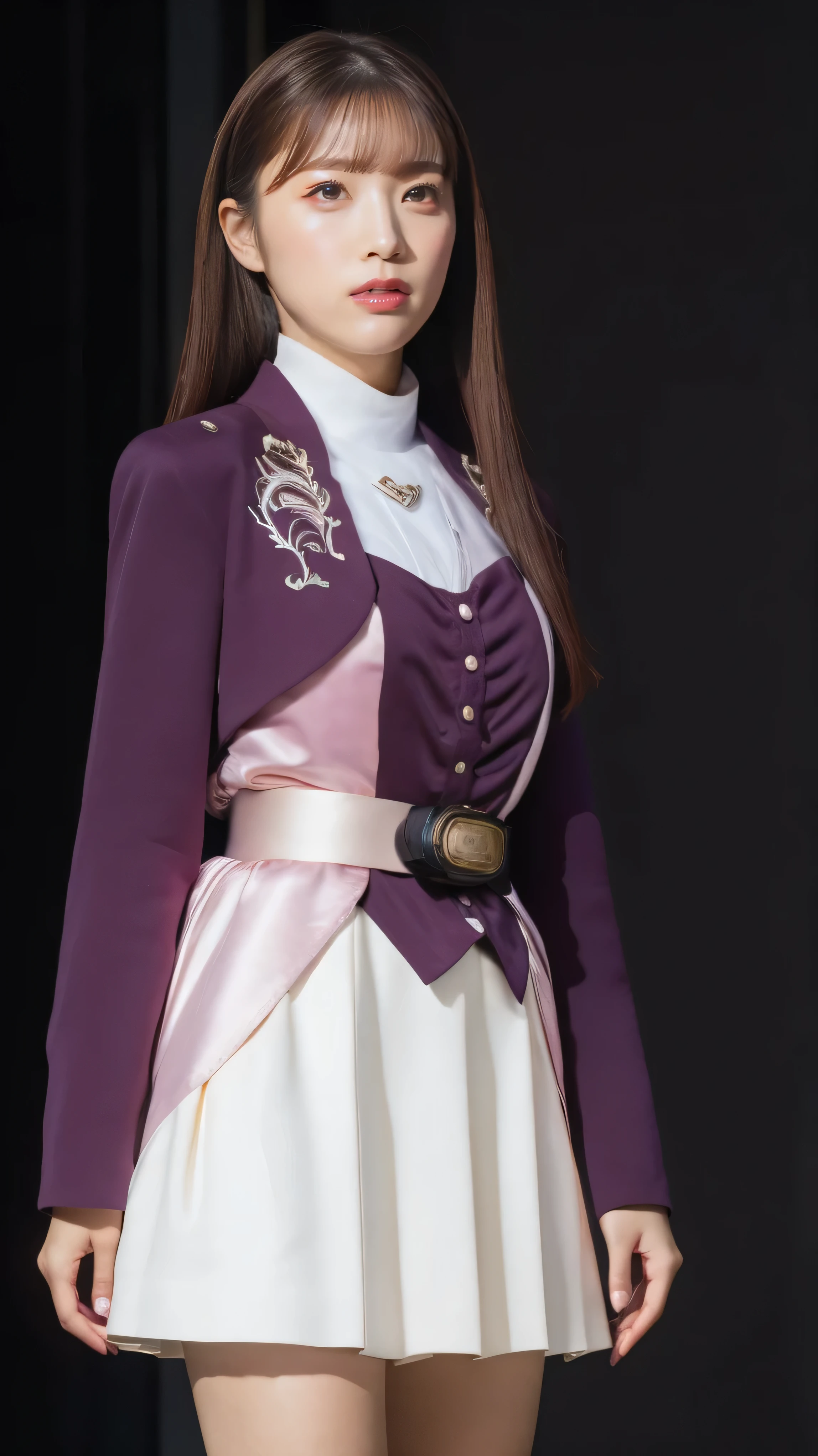 ( 高精細CG),( Highest Quality ),((front view)),((Composition showing the upper body)),((black room background with no lights)),((1girl)), perfect face, shiny skin ,wide hips , thin waist,purple bolero jacket,((white skirt)),long sleeve , pink belt,((brown hair color )),straight long hair,((Composition showing the part above the knee where the eyebrows are bent in the shape of a C )),((Sit upright with your knees on)),