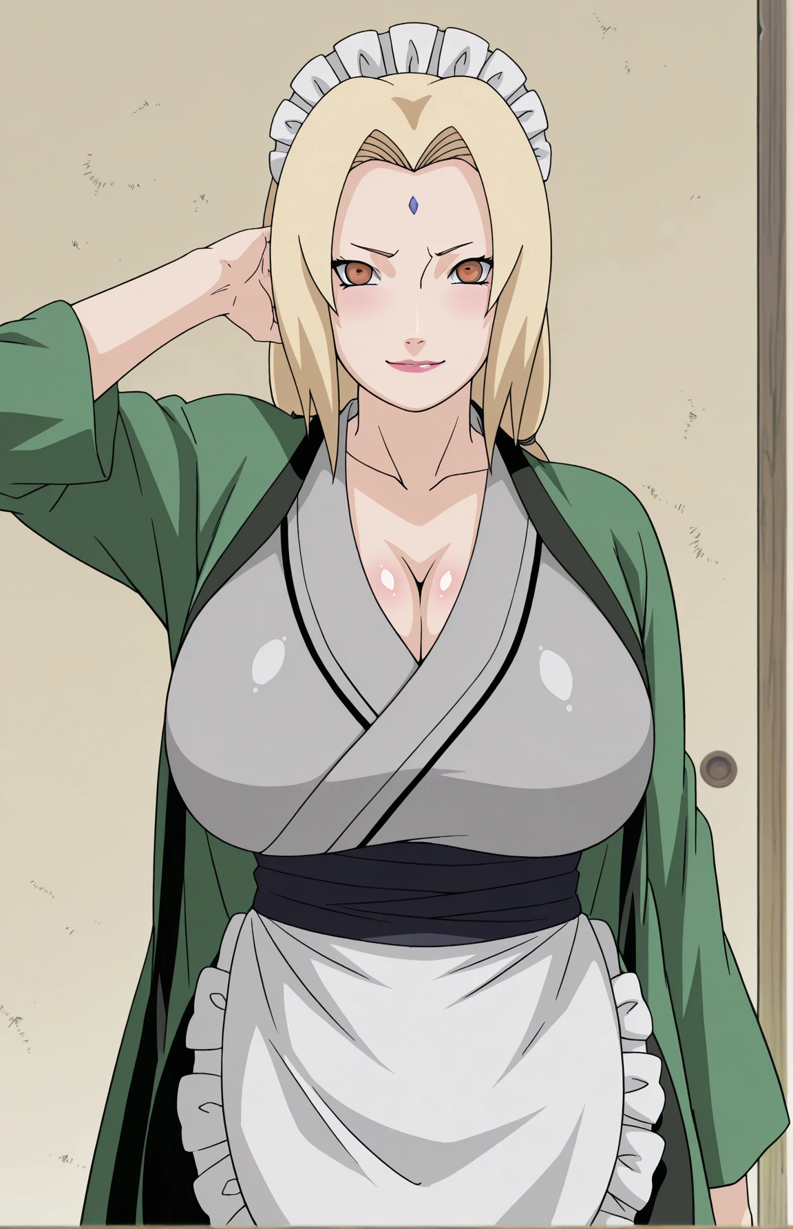 (Huge boobs), Big Breasts, masterpiece, Highest quality, Samui, Black kimono, Cleavage, Arm guard, Cowboy Shot, View your viewers, emotionless
