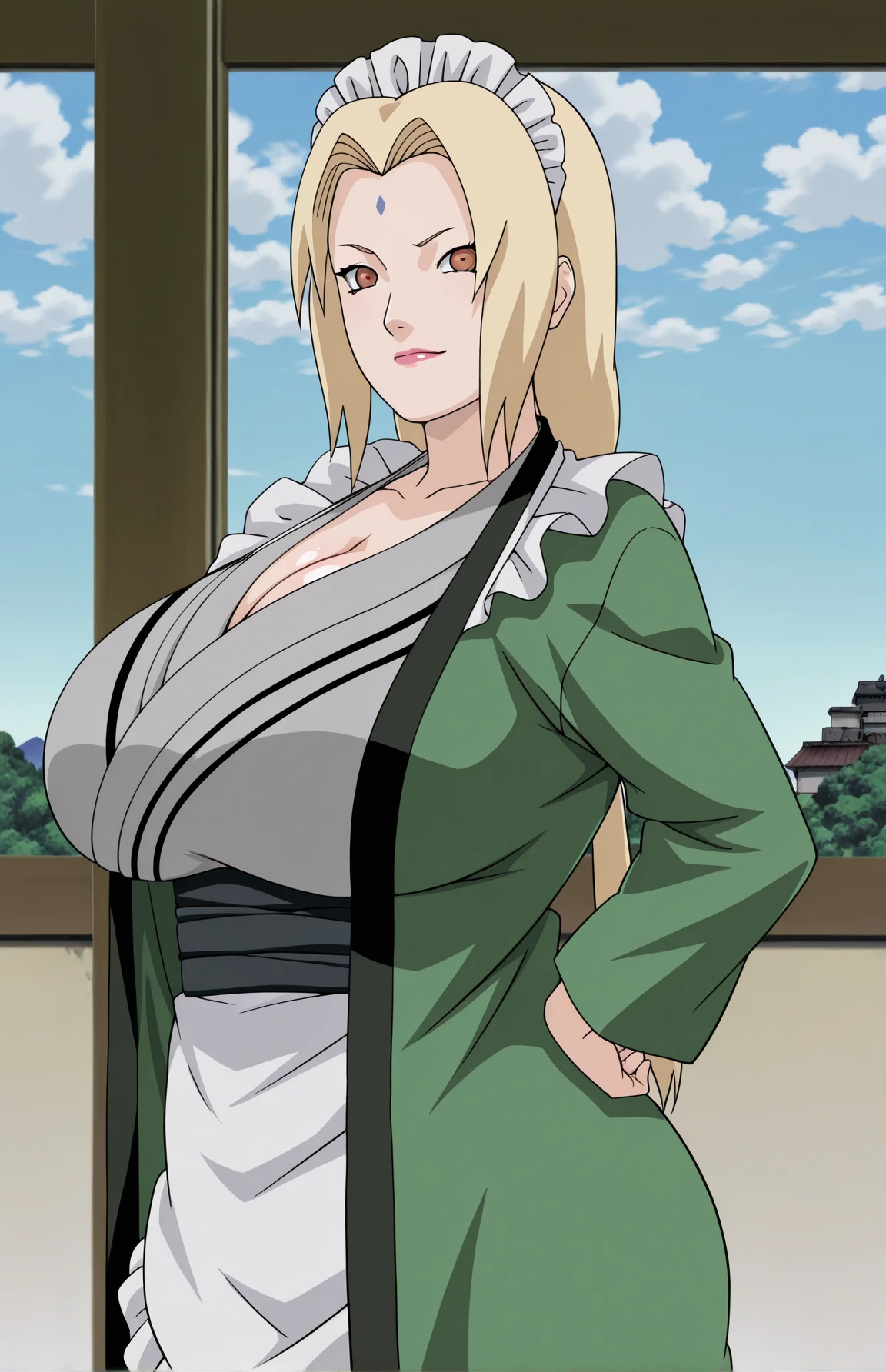 a woman smirking in a green coat and jeans posing for a picture, tsunade from naruto, from naruto, female anime character, inspired by Kusumi Morikage, inspired by Nishikawa Sukenobu, tatsumaki from one punch man, wearing only a green robe, kunoichi, dressed in a green robe, haruno sakura, anime character, studio ghibli art style