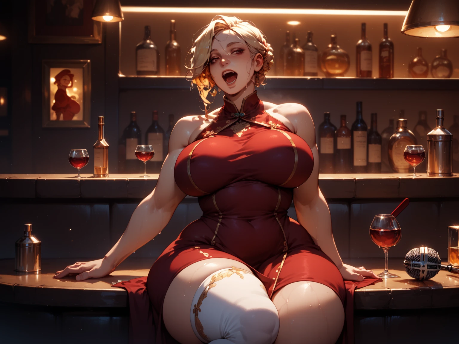 Hot mom,独奏,(:1.3),thick thight,upper legs,Wide buttock,dent in the skin,Double tail,short detailed hair,curlies,ssmile,cheerfulness,(Red lace apron:1.2),cparted lips,plumw,exposed midriff,protruding areolas,gigantic cleavage breasts,4K,realistic humid skin,Armpits,Large curved hips,a variety of poses,Stick out a very long tongue,Fleshy figure,with perfect legs,Hypertrophic,protruding areolas,Bronzed skin,Detailed lips,bubble butt,Dewy,mouth drool,Lick,Place your fingers between your legs,Hungry and thirsty housewives,erected,Wrinkles,Eyes look at the lens,A shy look,Blushing aunt,Two braids,Smooth skin,Very meticulous clothes,Intriguing set,extremly high detail,A detailed face,Gloss on lips,Bronze,onbed,super breasts,Feminine and colorful