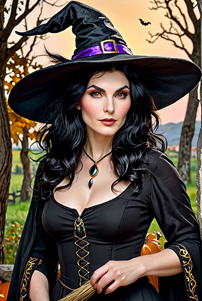 Beautiful witch woman, Short black hair, Purple eyes, Large Breasts, Dressed in witch clothes, Sitting in a pub and smiling, Realistic, Full HD, highest quality
