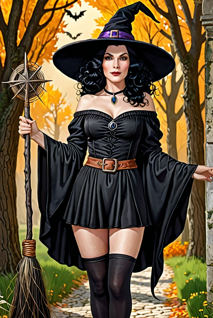 Artwork, (masterpiece), fantastic realism young witch, very beautiful and sensual, swimsuit style black outfit with metal details, derived from sexy witch outfit, black and red cape, wand in hand, fierce magic, brunette woman, curly hair, witch in front of the cauldron of black smoke --auto --s2