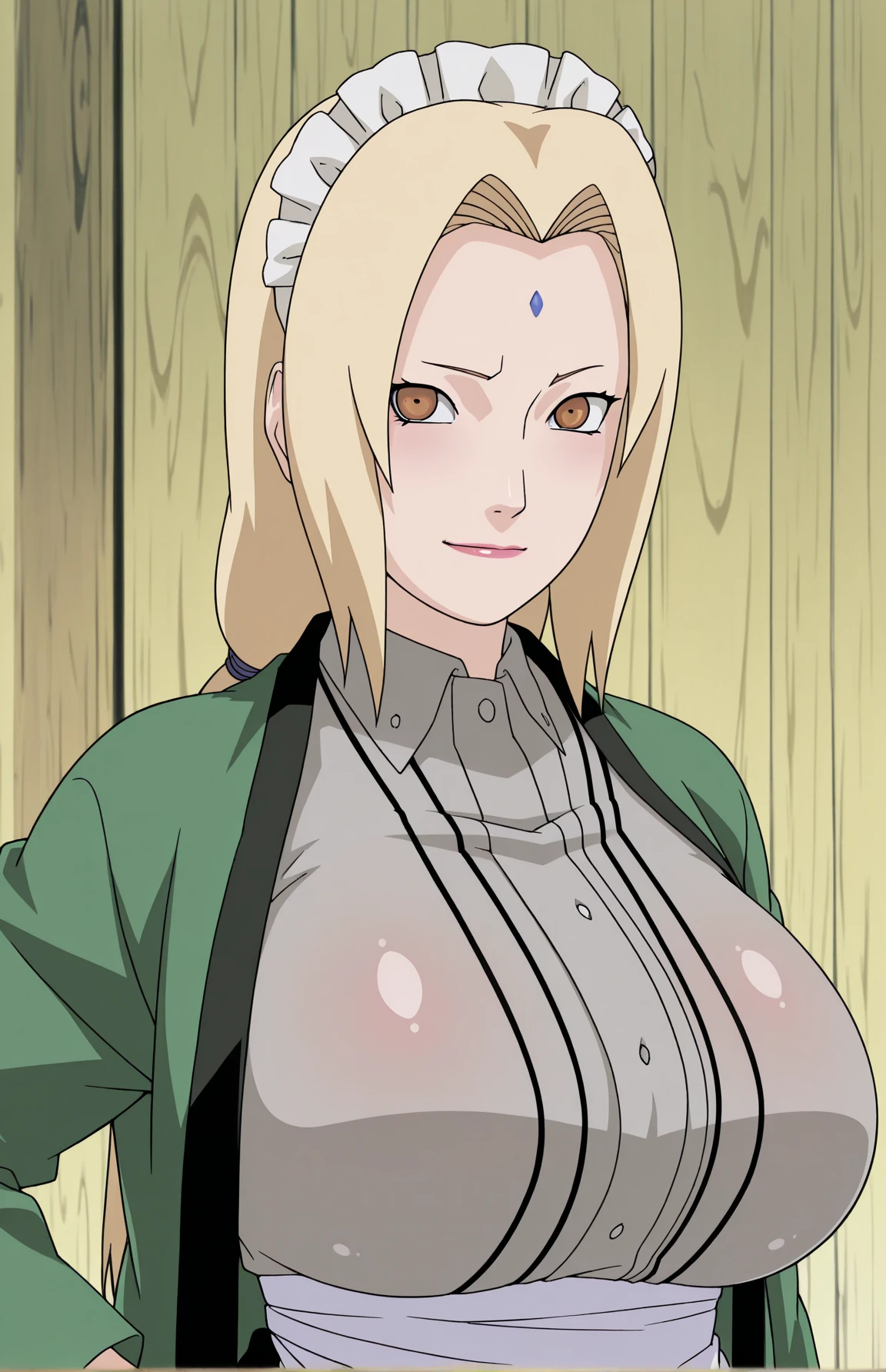 masterpiece, best quality, high res, 1 girl, realistic, side lighting, wallpaper, nsfw, Tsunade, (medium shot), beautiful brown eyes, Gorgeous lips, sexy, large breasts, mature female, solo, blonde hair, detailed face, detailed eyes, collarbone, plump lips, bedroom, full blush, smug smile, (open clothes), green coat, lipstick, choker, leaning forward, sagging breasts, hanging breasts, (huge breasts:1.2), nude, nipples