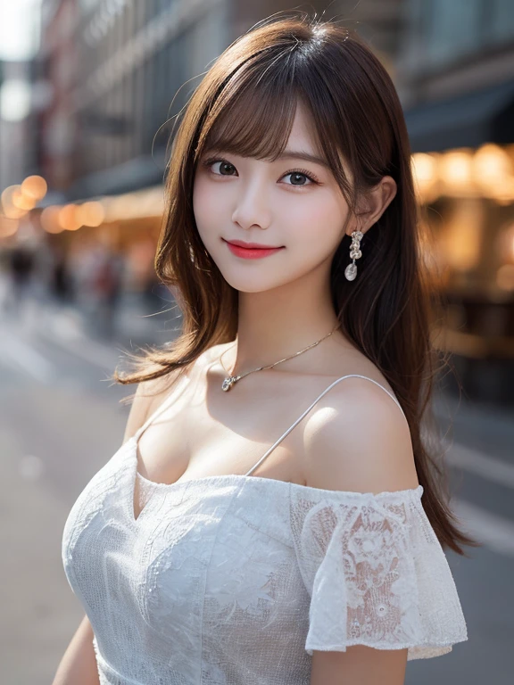 Tabletop, highest quality, figure, Super detailed, In detail, High resolution, 8k wallpaper, Perfect dynamic composition, Beautiful fine details, dress,Medium Hair, Big Breasts, Natural color lip, Random sexy poses,smile,Aoyama Street Walk、20-year-old girl