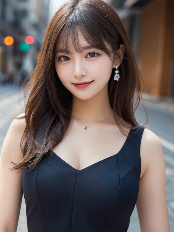 masutepiece, Best Quality, Illustration, Ultra-detailed, finely detail, hight resolution, 8K Wallpaper, Perfect dynamic composition, Beautiful detailed eyes, She is wearing a Kurono dress,Medium Hair,Natural Color Lip, Bold sexy poses,Smile,Harajuku、20 years girl、Cute、Sexy shot looking at camera、C Cup、Brown hair、cacique#39;s face、Blurry night pool background