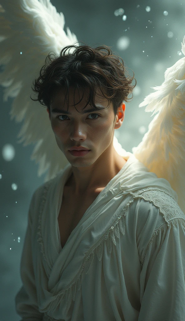 Make it like a book cover. A Fallen Angel. make him man, delicate and angelic, but keep the dark essence.