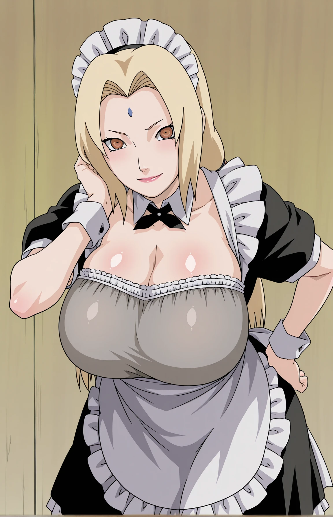 portrait, solo focus, solo, looking at viewer, (parted lips:1.2), (sunlight, bright, sunshine:1.2),((tsunade)), 1 girl,((tsunade milf physique)),(mark on forehead ), long hair, blonde hair, eyes, smile, from front,huge breast huge pelvis thick thighs,((clear details High definition body parts perfect body parts )),(((blush lush blush nose blush blush face ))),(sad expression),((1 girl)),(solo),((front view)),((long distance between viewer)),((standing)),((maid dress, frills, long sleeves:1.5)),((deep cleavage exposing breast)), slim waist, curvy figure:1.2, cutout_cleavage,((Japanese house indoors:1.5)), full body portrait ,((huge breast))