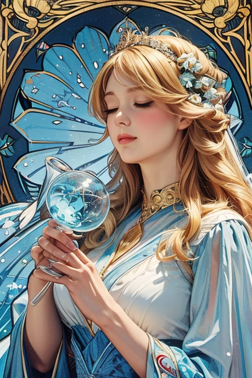 (masterpiece), (best quality), highly detailed, HDR, ultra detailed, alicia in wonderland blond hair blue dress, drinking potion background, trending on artstation, Bright Lighting, cool color tones, art by loish and artgerm, Intricate details, smooth brushstrokes, trending on artstation and instagram, fractal bioluminiscenc, perfect character