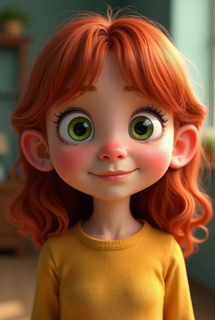 Lucy wilde from despicable me as a 5 year old girl
(Middle to long slightly curly red hair. Green eyes and slight freckles. Very big slight spiky nose.)