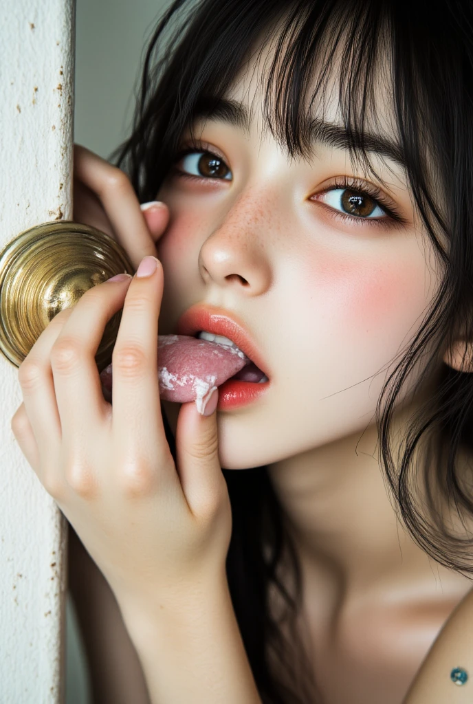 ((stick out wet pink tongue))、((half-open lips))、((Glossy red lip gloss))