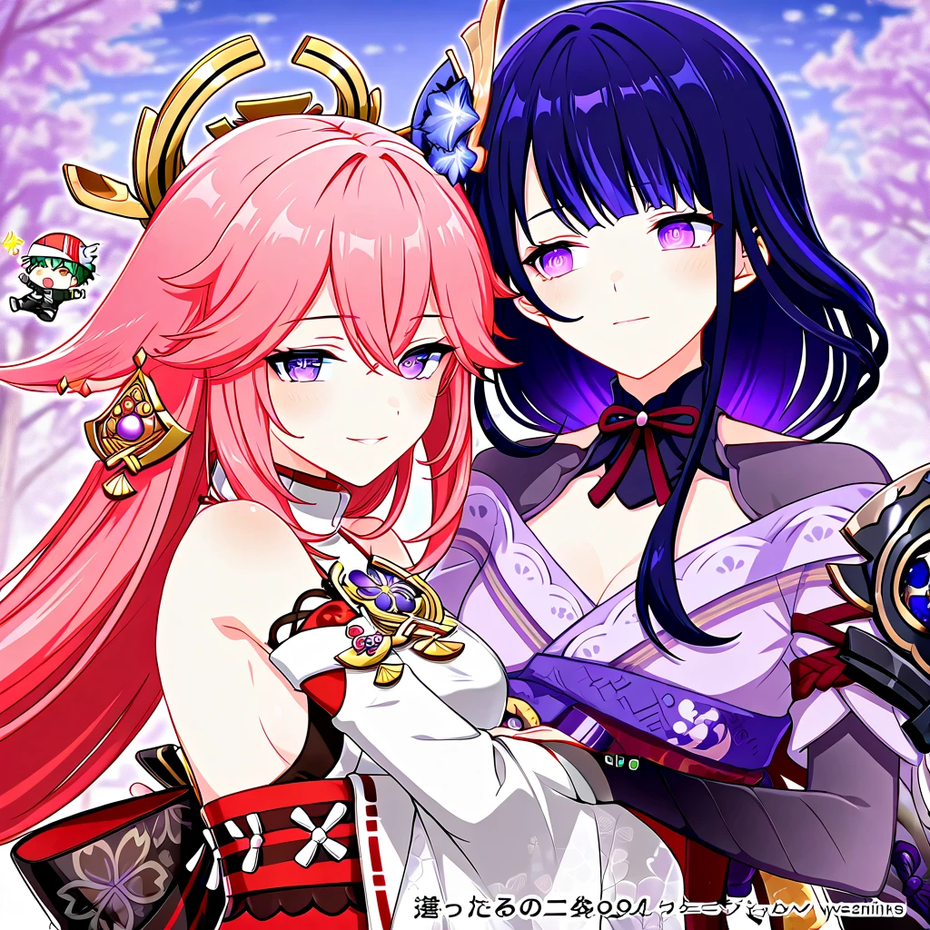 masterpiece, best quality,multiple girls, breasts, 2girls, yae miko, raiden shogun, purple eyes, pink hair, japanese clothes, purple hair, large breasts, long hair, cleavage, hair ornament, thighs, purple kimono, thighhighs, bangs, animal ears, detached sleeves, fox ears, wide sleeves, kimono, moon, weapon, braid,(kbxll:0.8)