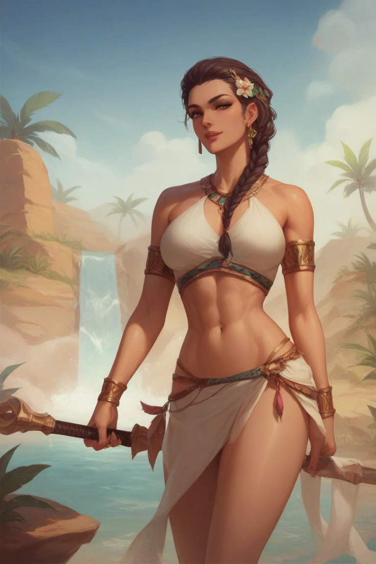 ((Best quality)) (masterpiece), Bronze Age Ancient Egypt badass well dressed Night priestess of annubis holds up a scythe weapon covered in milk wide spread legs, in the background a Wonder view and town's folk rejoicing nile river flooded and pyramid of giza with limsstone capstone amazing Green desert flora, lotus flower on flooded nile river, milk rain, hyper detailed half body, perfect face, evil smile, superdetailing small items of clothing, clothes bronze age, clear eyes, symmetrical, 8k, digital painting, high quality