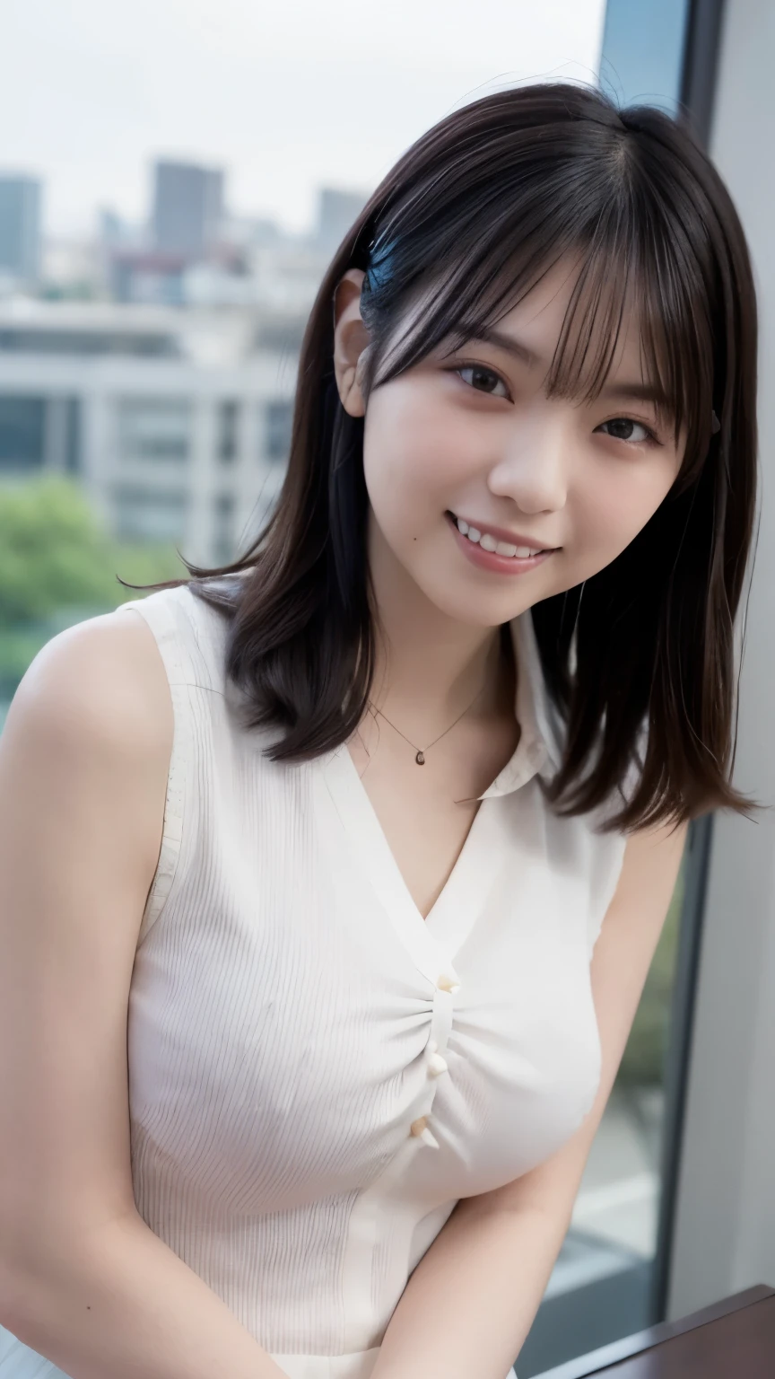 1girl,(RAW photo, best quality), (realistic, photo-realistic:1.4), masterpiece, an extremely delicate and beautiful, extremely detailed, 2k wallpaper, Amazing, finely detail, extremely detailed CG unity 8k wallpaper, ultra-detailed, highres, soft light, beautiful detailed girl, extremely detailed eyes and face, beautiful detailed nose, beautiful detailed eyes,cinematic lighting,perfect anatomy,
(sleeveless white shirt, gray long skirt:1.3),  neck ribbon, bokeh, close up,brown hair,
(at a night downtown:1.3),looking at viewer, young japanaese idol,(hands behind back:1.2),
(smile:1.4),  <lora:mirei_lora_02:0.9>