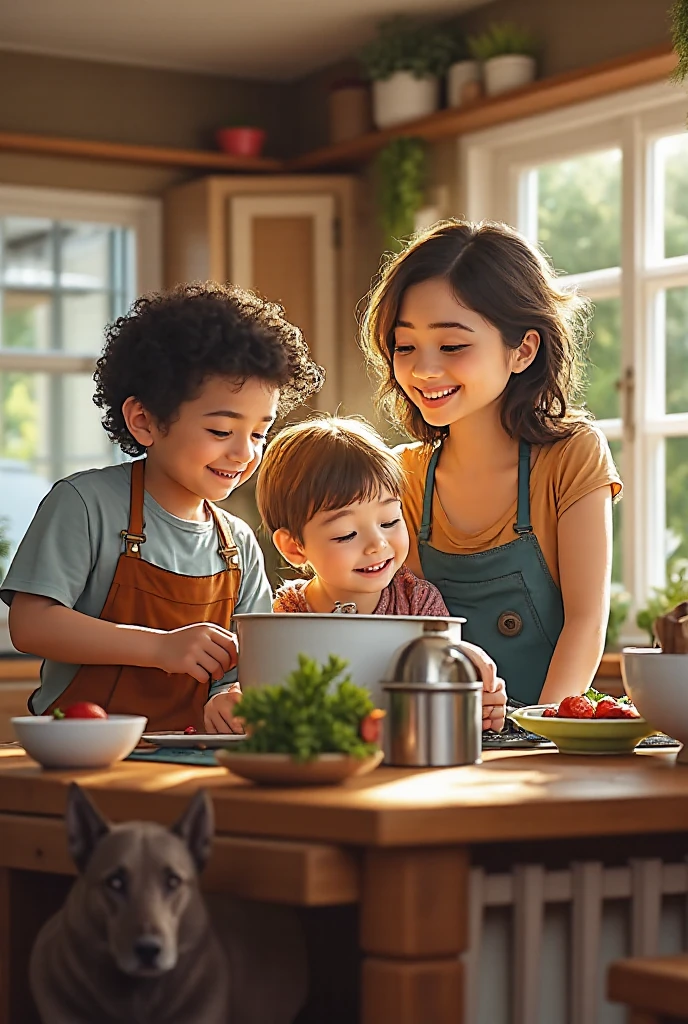 A family with a teenager cooking together happily