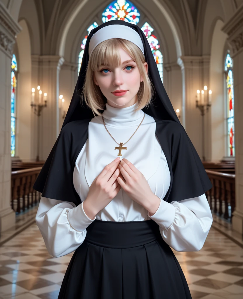 Italian beauty、Blonde Hair、With bangs、smile、Slim body、Monastic uniform、Nuns、Standing before the cross、In the church