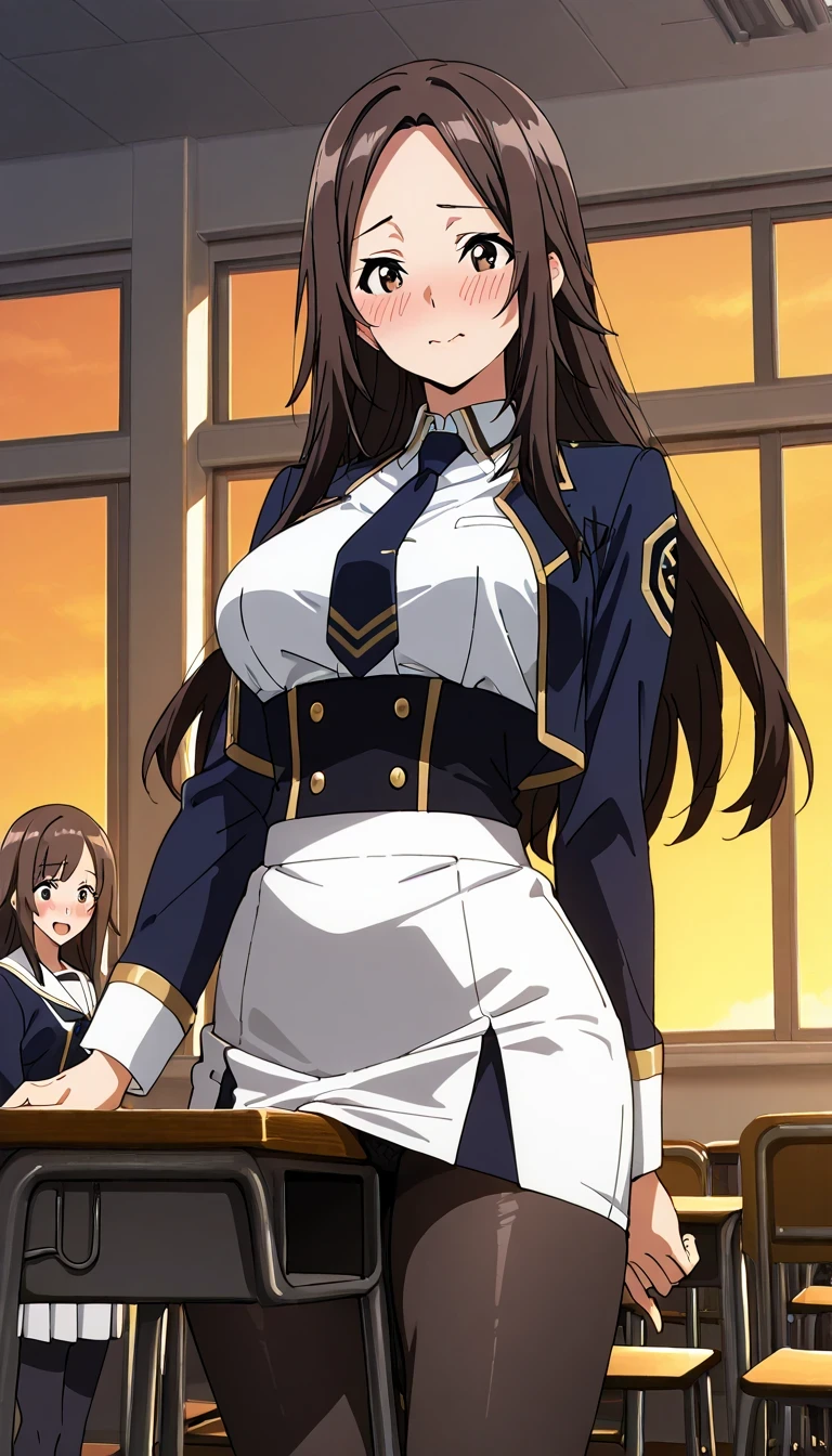 SCORE_9, SCORE_8_UP, SCORE_7_UP, Source_Anime Top Quality、8k、masterpiece、Natural Light、and high precision、Perfect Anatomy、one woman、medium breasts, sagging breasts:1.6, voluptuous body, (nu), parted bangs, brown hair, long hair, brown eyes, (Happy Expression、I'm a little embarrassed、frowns)、school uniform, open jacket, cropped jacket, navy jacket, gold trim, white shirt, long sleeves, navy corset, white skirt, tight pencil skirt, navy necktie, pantyhose, ((School classroom、evening)), standing, (Medium wide shot), touch own breasts, (table humping)、lace panties