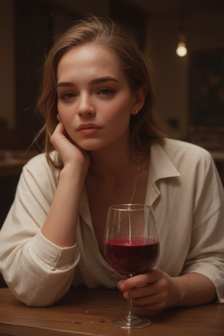 a woman looking sadly at wine