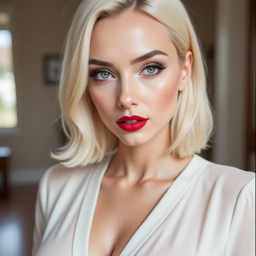 une femme blonde de 23 ans maquillée, encadré des genoux à la tête, Photoréalisme, Haute qualité,  studio mode photo on very dark background, mode, Cheveux blonds with the racines châtain clair, cheveux blond, Cheveux avec des racines brunes,  yeux bleus, belle femme, vue de face, Haute qualité, coupe de cheveux, robe de soirée très chic, maquillage, rouge à lèvres