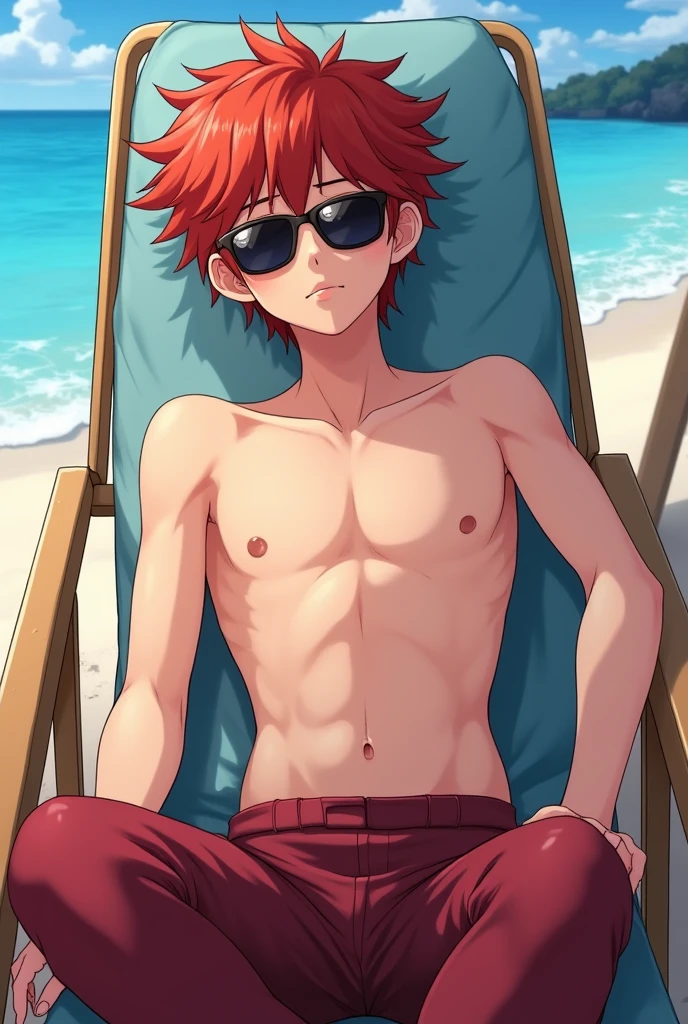 Wearing red swimming trunks、Cartoon man holding a green coconut, Anime boy with orange hair, On the sunny beach, is weareturng a swimsuit, Cool anime poses, Sunny and hot, on the beach, On the tropical beach, relaxing on the beach, Male Art, return, , Kentaro Miura Art, On a sunny day, zerochan