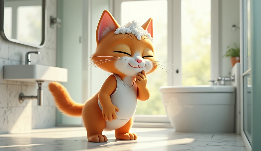 Create a detailed scene of an anthropomorphic cat character standing in a modern bathroom, showering. The character should have a humanoid body structure, but with distinct feline features such as fur, a cat-like face, whiskers, and pointed ears. The fur should be sleek and wet, giving it a shiny appearance. The cat character is wearing a modest grey bikini, similar in design to the one in the original image, with small, subtle polka dots. The setting is a clean, tiled shower area, with water cascading from the showerhead, creating a soothing atmosphere. The cat character appears relaxed and joyful, eyes gently closed, enjoying the warm water.