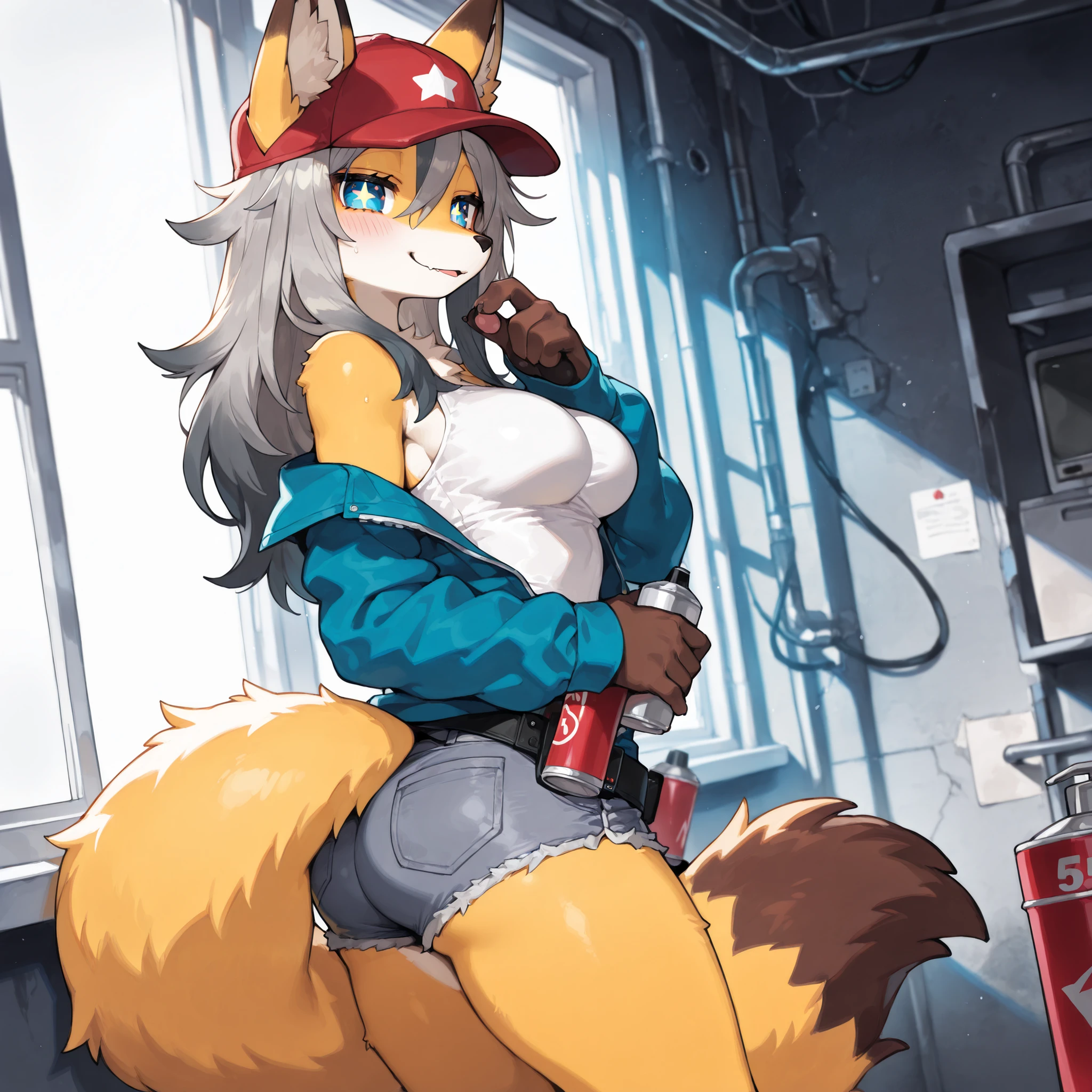 (side angle, close up) (solo:1.5, solo character:1.5) (adult:1.2, mature:0.9, female, girl, hot, big tail, thick tail, fluffy tail, broad shoulders:1.1) [big eyes:1.4], (round face:1.4, blue eyes, star pupils, cute:1.1, long hair, medium breasts, fox, fox tail, ears going through cap, yellow fur), ((dark grey coloured hair, red and white cap)), blue jacket, jean shorts, open jacket, white top, spray cans (on belt), [small thighs, small ass], indoors, abandoned warehouse, modern, dark lighting, small window, next to window, standing next to window, tomboy, looking at viewer, standing up, seductive smile, seductive expression, seductive pose, slight blush, pawpads on hand, brown hands, (masterpiece, best quality, very detailed body, face, tail, arms, hands, legs, head and eyes)