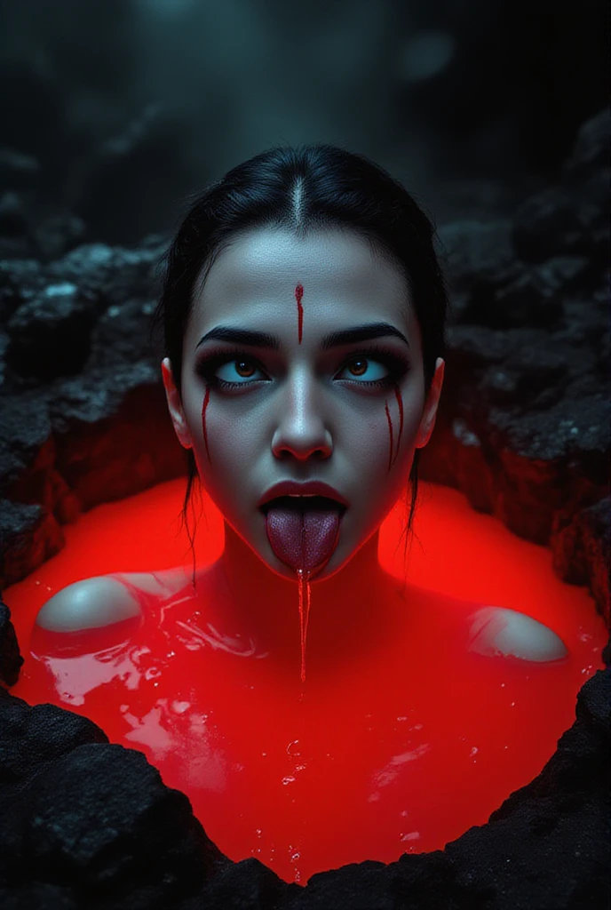 (masterpiece,best quality:1.4),(8k,raw photo,photo realistic:1.2),shiny skin,detailed skin, (red skin:1.3), detailed face,detailed eyes, 1girl,looking at viewer,Japanese idol,extremely beautiful face, LiquidHair, liquid hair, deep crimson mucus floating around, slime girl, covered in deep crimson slime, (partially transparent), (Wet with water), (deep crimson sweat), Slimy deep crimson liquid dripping from her body. Her hair is also covered in deep crimson slime. deep crimson slime scatters, deep crimson hair, deep crimson eyes