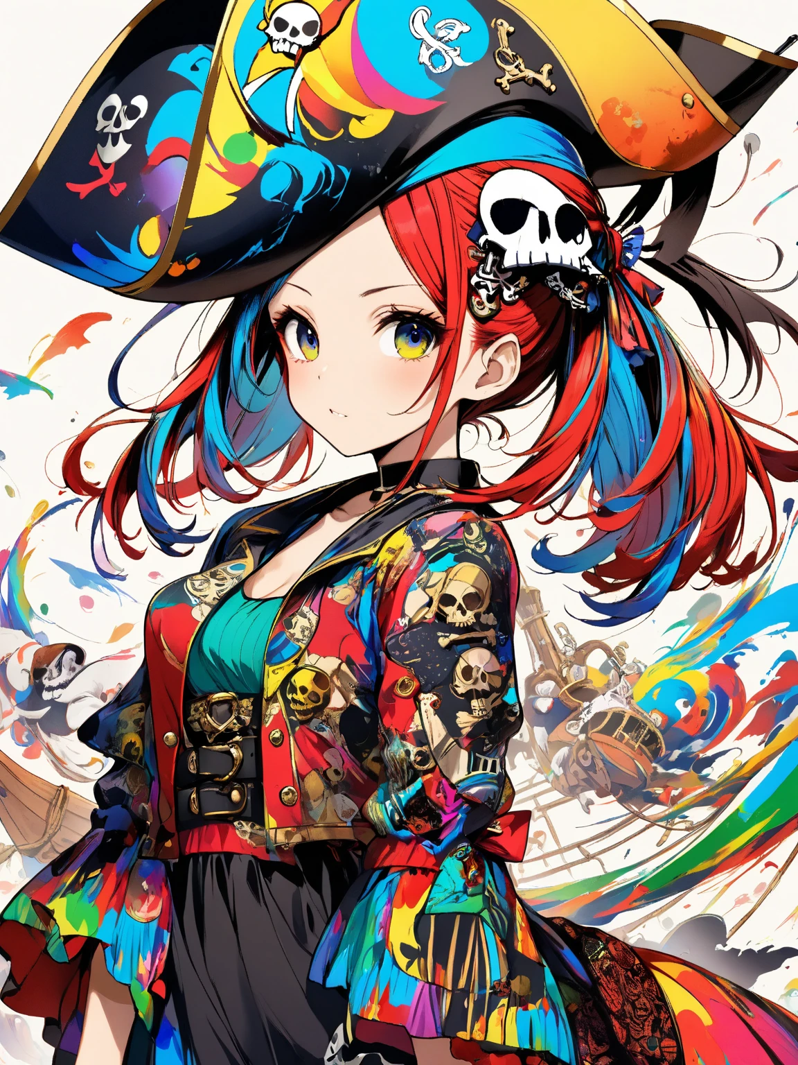 Anime characters with green eyes and hats, [[[[grinning evily]]]], a pirate, , Vampires, pirate, ((Red)) baggy eyes, pirate portrait, zerochan art, guilty gear art style, gungrave, portrait of a bloodborne hunter, swashbuckler class pirate, zerochan，redheadwear，Anime girls，Pirate captain，Pirate hat，Shark teeth，ogre