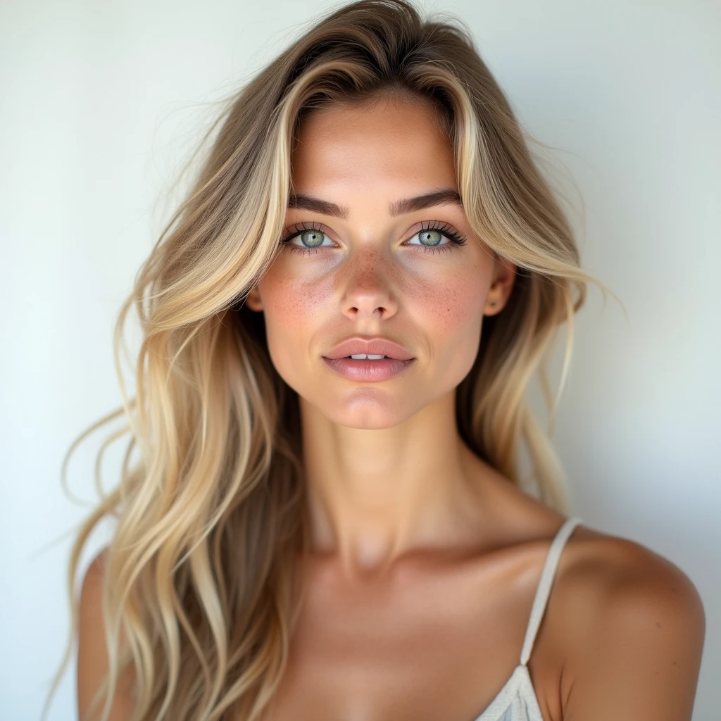 a woman with long hair, blonde, honey-colored eyes, casual dressed, 4K ultra realistic full body