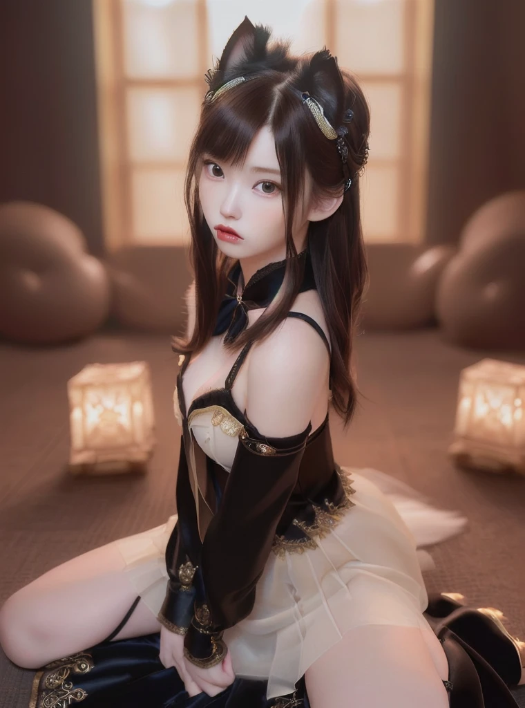 Gothic warrior queen in dark red kimono robe and midi skirt, satin, fur, (stockings), Décolletage, Natural Breasts, Backwards and on all fours, zettai ryouiki, Medium length hair, Beautiful detailed golden eyes, Portraiture, Most realistic, highest quality, Best Pixels, 8K Ultra