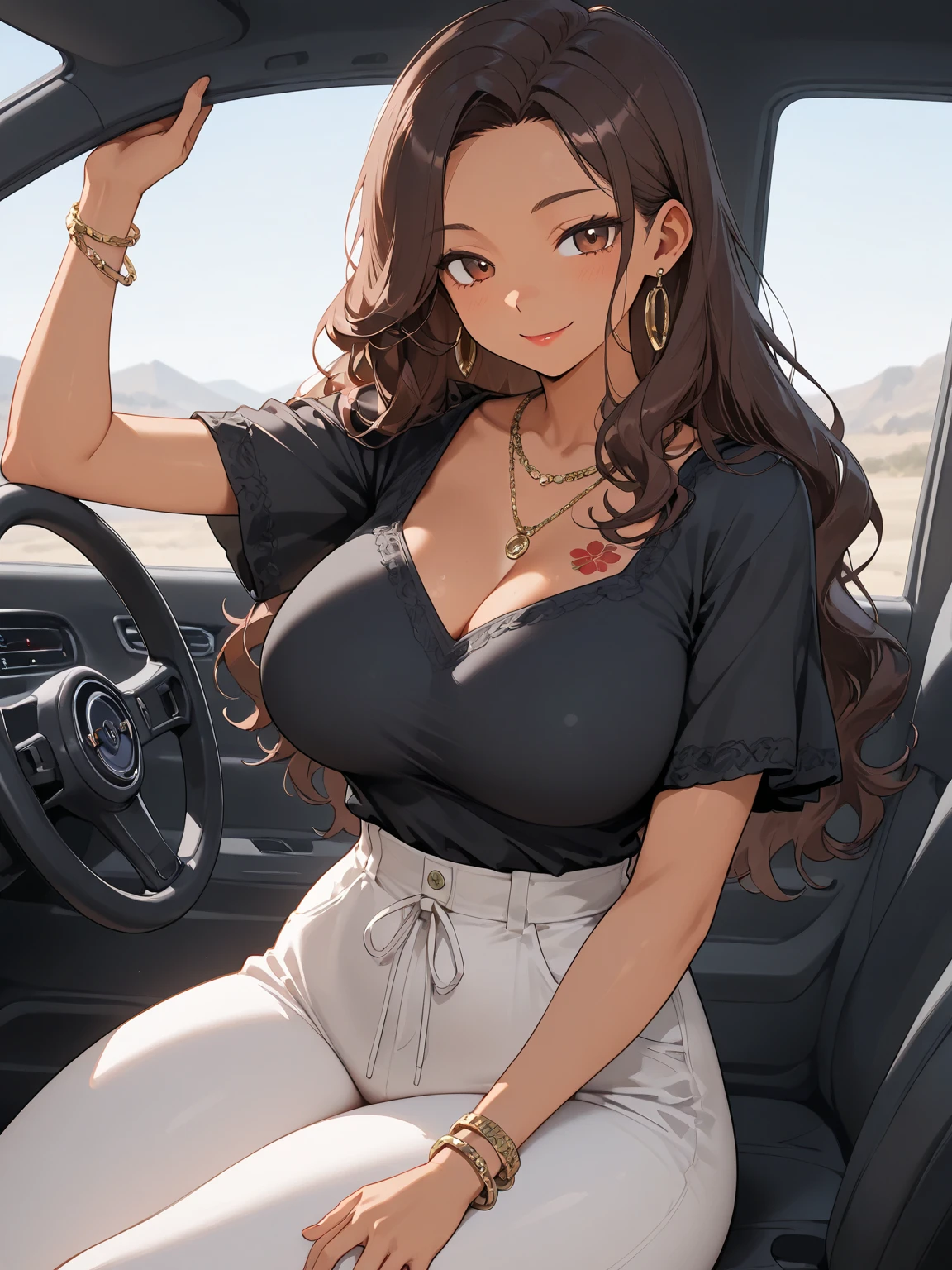 Hot sexy beautiful milf mom sitting on motorbike near beautiful sea on bridge, cleavage,off shoulder oversized shirt, stocking,skirt,slender body, detailed lips ring ring,black blunt hair,black eyes,white sun glasses on head, detailed ear, cuff earrings , alluring face, smiling,