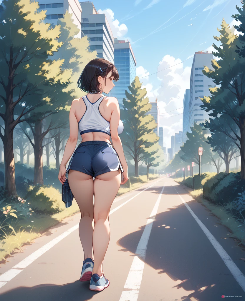 masterpiece, 1girl, huge and heavy breasts, wide hips, female focus, solo, grass, eye-level, a cartoon-like illustration of a girl skateboarding on a blue skateboard with orange wheels. The girl is wearing a white wet undersized overboob crop-top, mini thongs, black socks, sneakers, and a backpack on her back. She has tattoos on her breasts. The background is a vibrant blue sky with white bubbles floating in the air. To the left and right of the girl are two large mushrooms that are orange in color. The mushrooms are floating in a field of wildflowers, adding a pop of color to the scene. Fashion photography, best quality, award winning photograph, depth of field, sharp focus, vibrant colors, realistic lighting, detailed shadows

