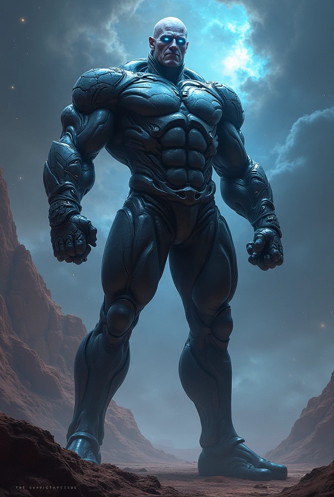 Rendered in ultra high definition, a muscular figure embodies the essence of a space elemental. His chiseled physique is accentuated by the slim-fitting briefs that reveal every muscle and sinew. His toned torso glows with an ethereal light, suggestive of cosmic energies pulsing within him. His face, etched with intricate details and expressive features, exudes intense focus and determination. His eyes, sharp and bright, are like diamonds reflecting the vast expanse of the universe. Surrounding him are intricately detailed swirls of galaxies, nebulae, and stars that blend seamlessly with his muscular form. By the master