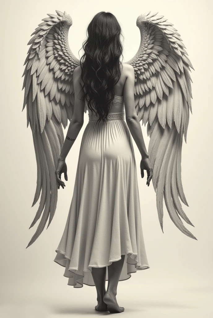 Creates an image of a black and white angel with details for a new brand's shirt print as if drawn