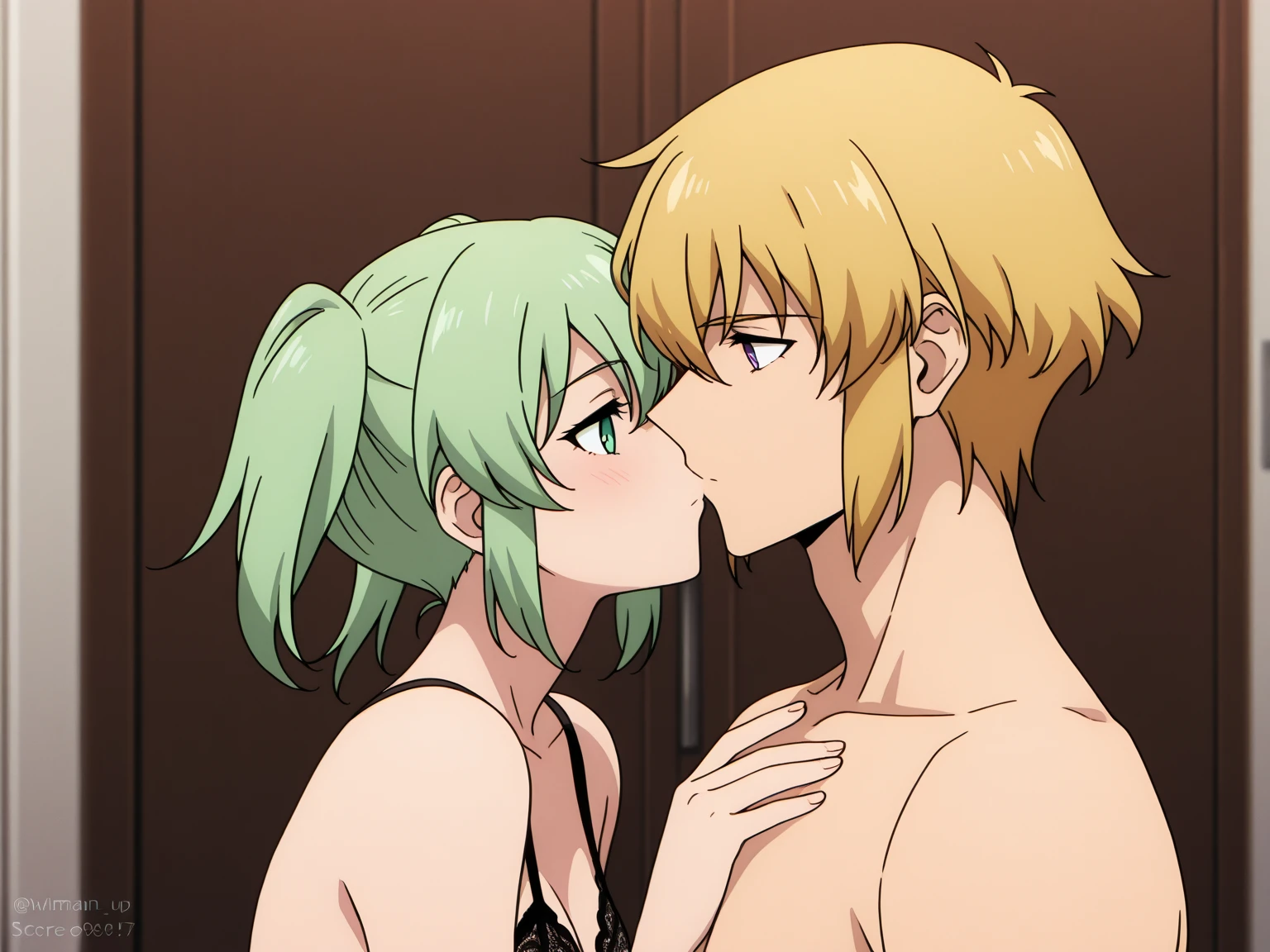 Lucoa is lying on his back, Shoa is sitting on his waist and they are both naked.
