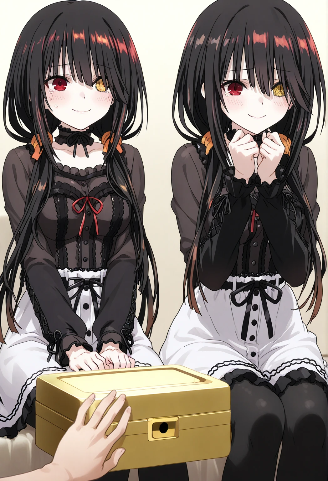 Tokisaki Kurumi: using cute daily clothes, Sit prostrate while thrusting the ring box with both hands, nervous face but sincere smile
Stand with both hands closed, teary eyes and flushed cheeks, body trembled slightly from being moved