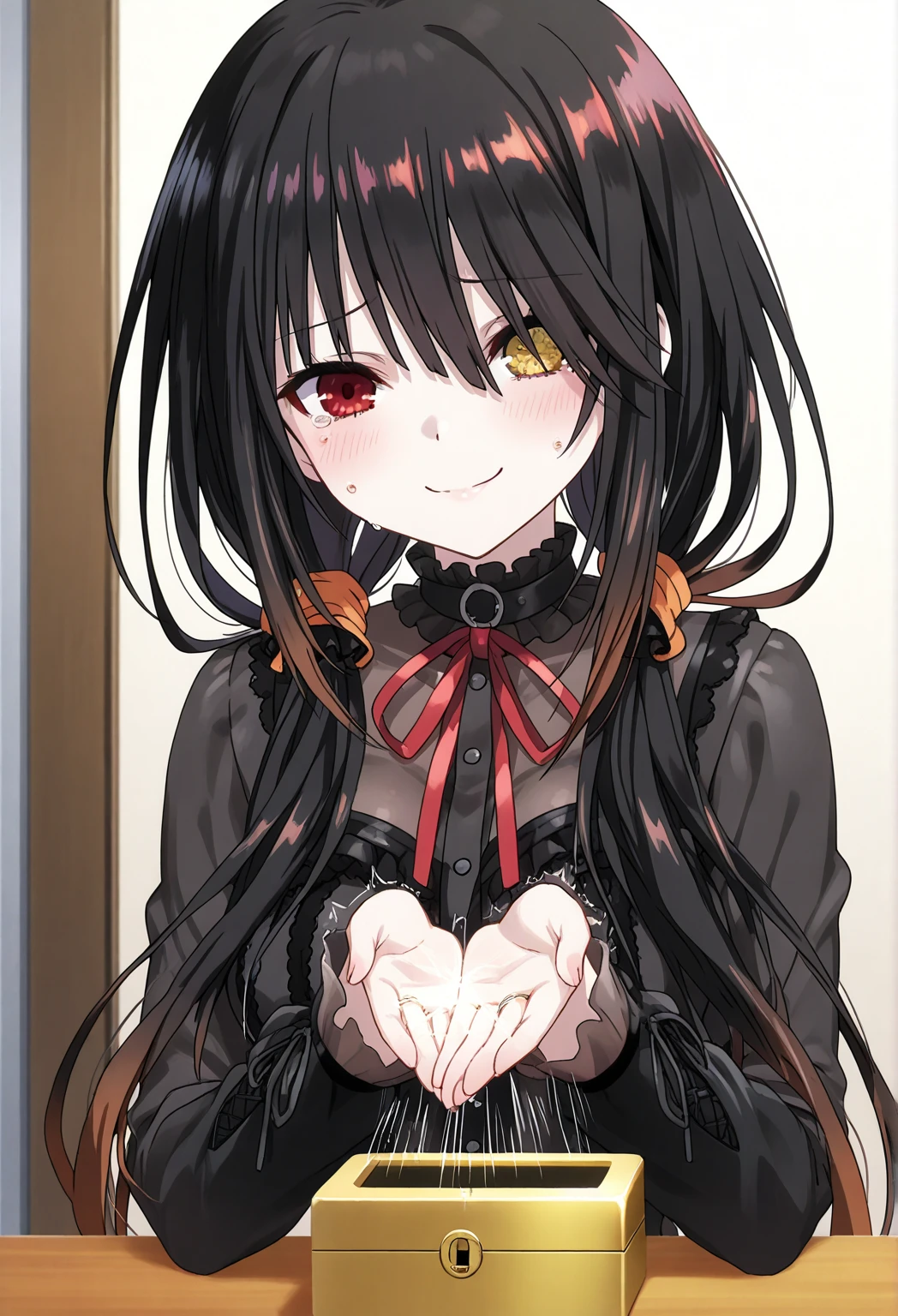 Tokisaki Kurumi: using cute daily clothes, Sit prostrate while thrusting the ring box with both hands, nervous face but sincere smile
Stand with both hands closed, teary eyes and flushed cheeks, body trembled slightly from being moved