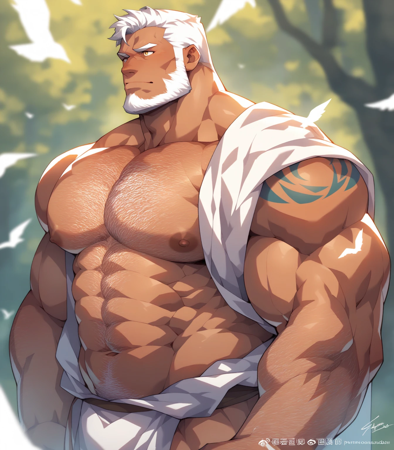 独奏,there a man,Full body depiction,male only,Raised sexy,Refreshing Smile,winking,white legwear,G-string bikini, Masculine appearance, Mature men, Handsome, no pant, anime style art,sbeard,Volumetriclighting, Smooth and sharp focus, illustratio, Artistically, black facial hair, short detailed hair, Beautiful mesh hair, musculature, male people, Homosexuality, malefocus, Wet body,suntanned skin,dogstyle,a sharp gaze,looking at viewert,squating,cock, erection, dick, dilf