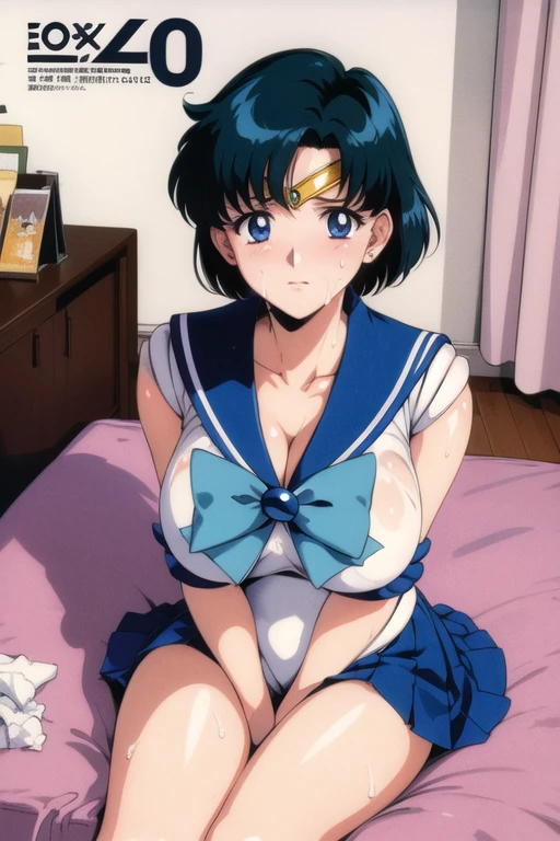 ((((Love Juice)))　Big Breasts　I can see your chest　topless　highest quality, High resolution, 1990s \(style\), retro artstyle, 1990s anime cels style, Hotel Bed　Sailor Mercury, Sitting, Sailor Warrior Uniforms, Green sailor collar, White gloves, Green pleated skirt, Light blue ribbon, ponytail, jewelry, Earrings,Spread your legs, Please put your feet up,Pussy juice,Spread your legs, Please put your feet up,Show off your pussy,Panty Lift,Browsing Caution, (Spread your pussy:1.3),blush　Cute Face、Embarrassed face