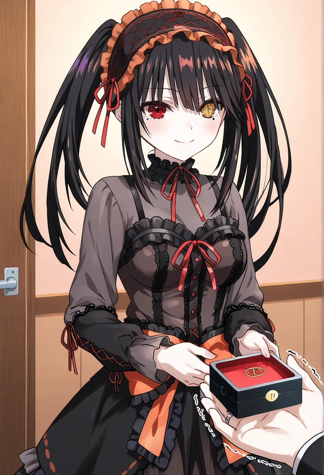 Tokisaki Kurumi: using cute daily clothes, Standing stiffly with eyes widened and cheeks flushed, both hands closed their mouths while staring at the ring box, Haru tears began to flow
The trembling hand slowly touches the ring box, a small smile appeared while nodding softly