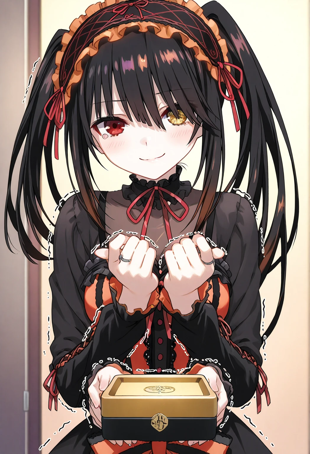 Tokisaki Kurumi: using cute daily clothes, Standing stiffly with eyes widened and cheeks flushed, both hands closed their mouths while staring at the ring box, Haru tears began to flow
The trembling hand slowly touches the ring box, a small smile appeared while nodding softly