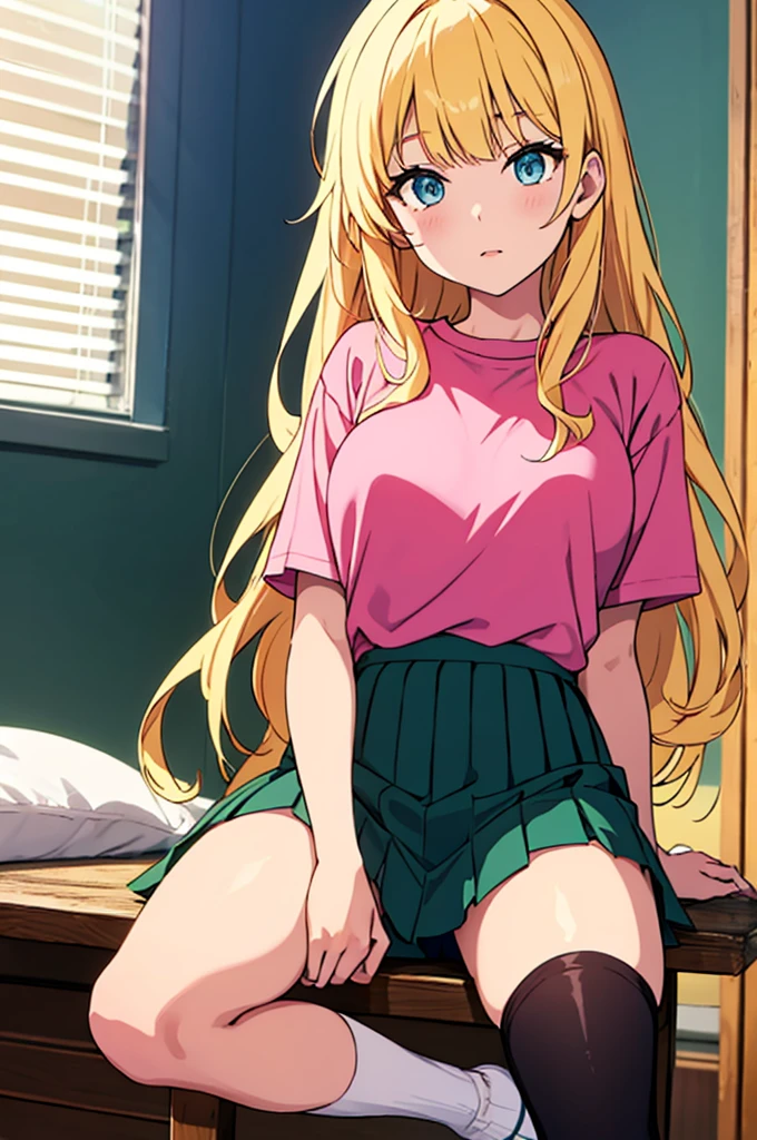 In anime A demon girl Sexy young beautiful attractive beautiful popular yellow hair long curly menchon forehead pink bow her green eye dresses white blouse tied knot put on green bow chest shows navel curve wide sexy and her green skirt short black heel