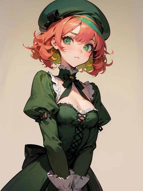 Cute girl, short red hair, green dress, medium-sized